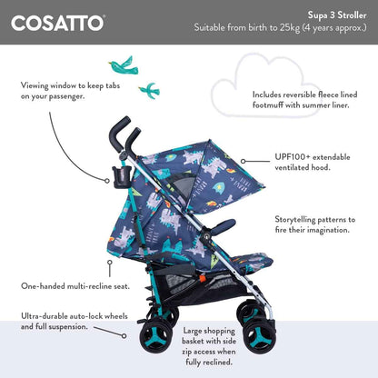 Cosatto Supa 3 Pushchair – Lightweight Stroller from Birth to 25kg - Compact Fold, Shopping Basket, Footmuff (Dragon Kingdom) | Mit UPF100+ Verdeck, Regenschutz und Sommerauflage für komfortable Fahrten bei jedem Wetter.