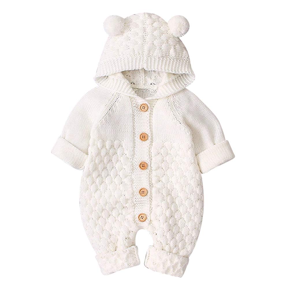 OBEEII Newborn Baby Knitted Romper Jumpsuit with Hood Ear Onesies Pullover Winter Warmer Onesie Bodysuit for Boys Girls