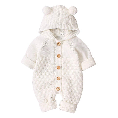 OBEEII Newborn Baby Knitted Romper Jumpsuit with Hood Ear Onesies Pullover Winter Warmer Onesie Bodysuit for Boys Girls