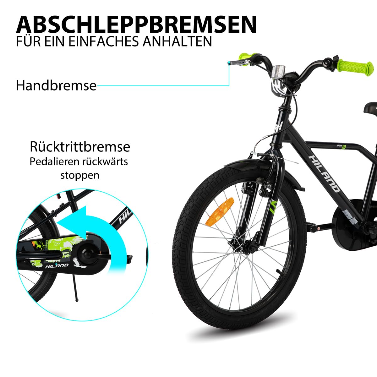 Hiland 12/14/16/20 Zoll Kinderfahrrad, Jungen Fahrrad für 3-10 Jahre, mit Stützrädern, Kinderfahrrad mit Handbremse und Rücktrittbremse, Schwarz/Grün/Blau/Orange - Meloni2