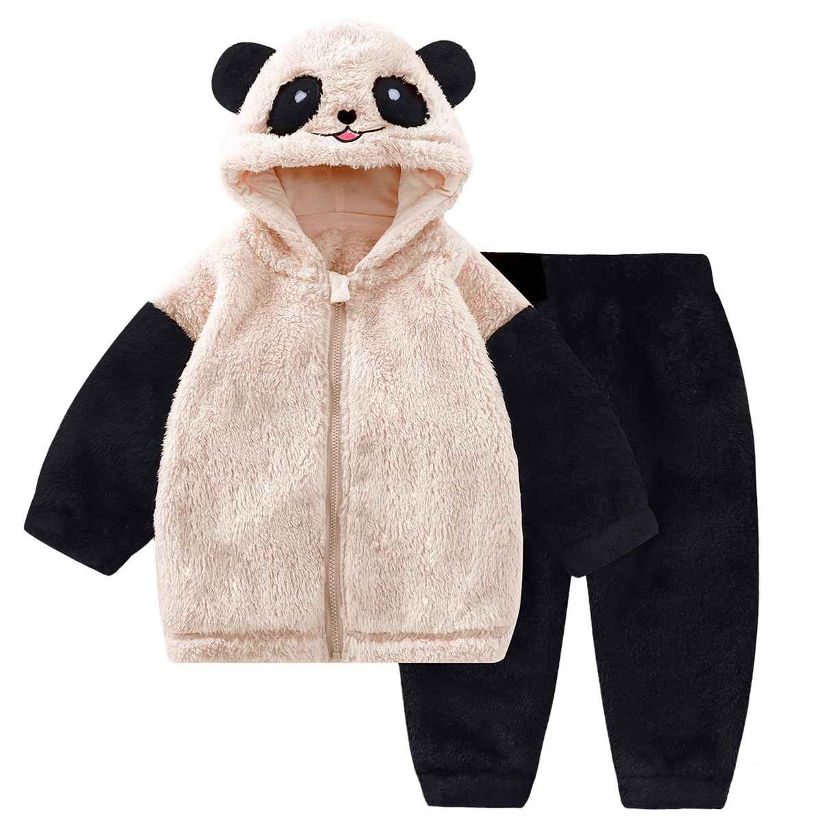 JiAmy Baby Fleece Jacket Hoodie Set Zip Toddler Baby Clothing Winter Coat with Ears Hood Plush Fluffy Infant Boys Girls Tops and Trousers Outfit 2 Pieces 12 Months - 4 Years