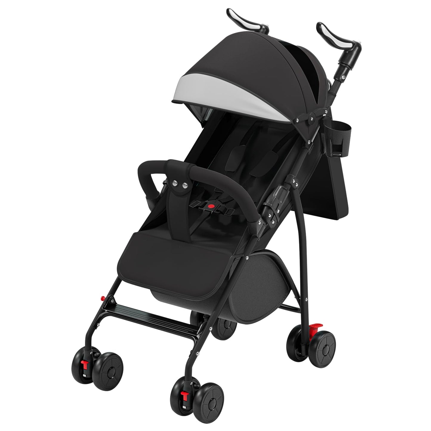 Buggy für Babys, ultraleicht, kompakt, faltbar und neigbar, von Geburt bis 25 kg, mit Trolley-System, Regenschutz inklusive, ausziehbarer Haube, C-schwarz
