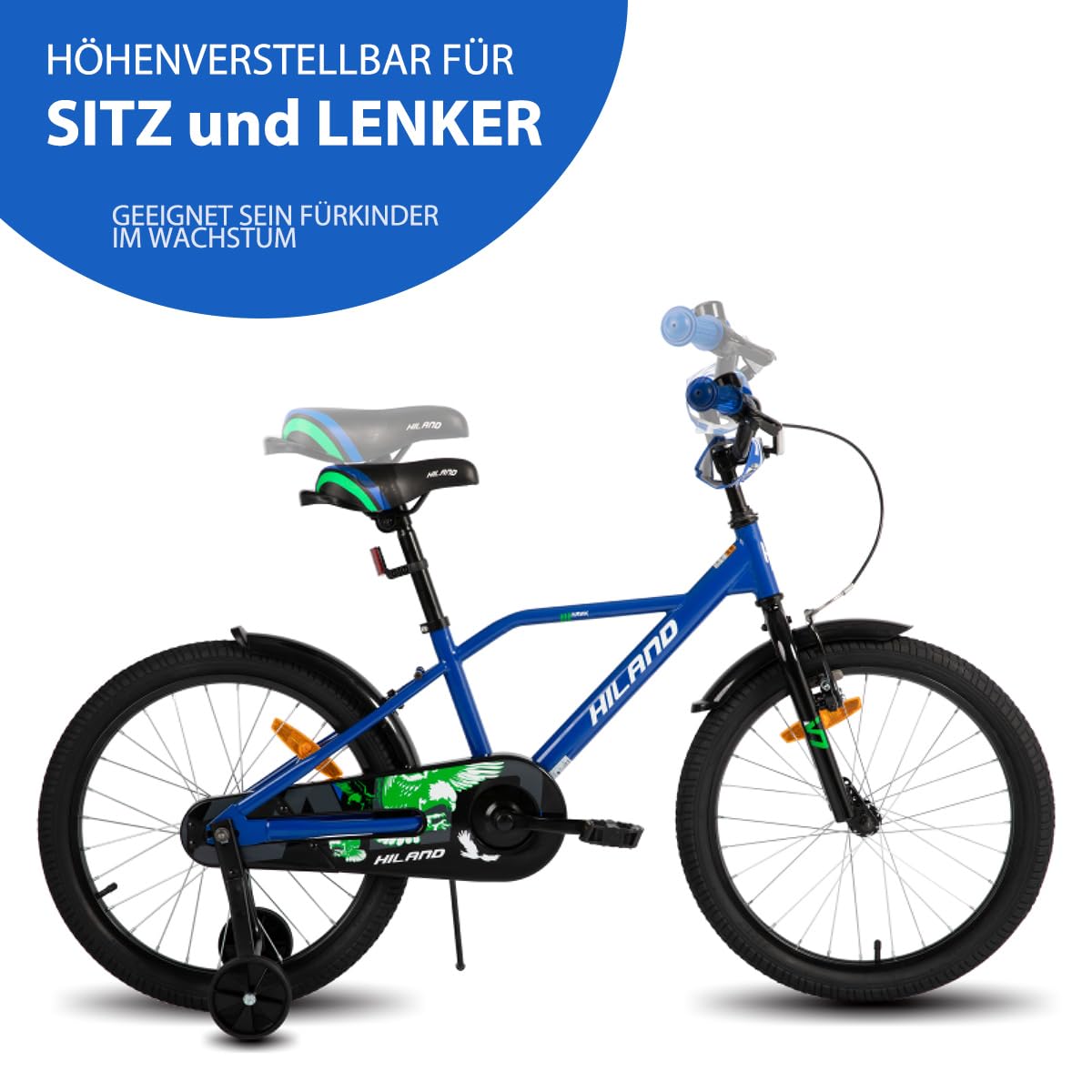 Hiland 12/14/16/20 Zoll Kinderfahrrad, Jungen Fahrrad für 3-10 Jahre, mit Stützrädern, Kinderfahrrad mit Handbremse und Rücktrittbremse, Schwarz/Grün/Blau/Orange - Meloni2