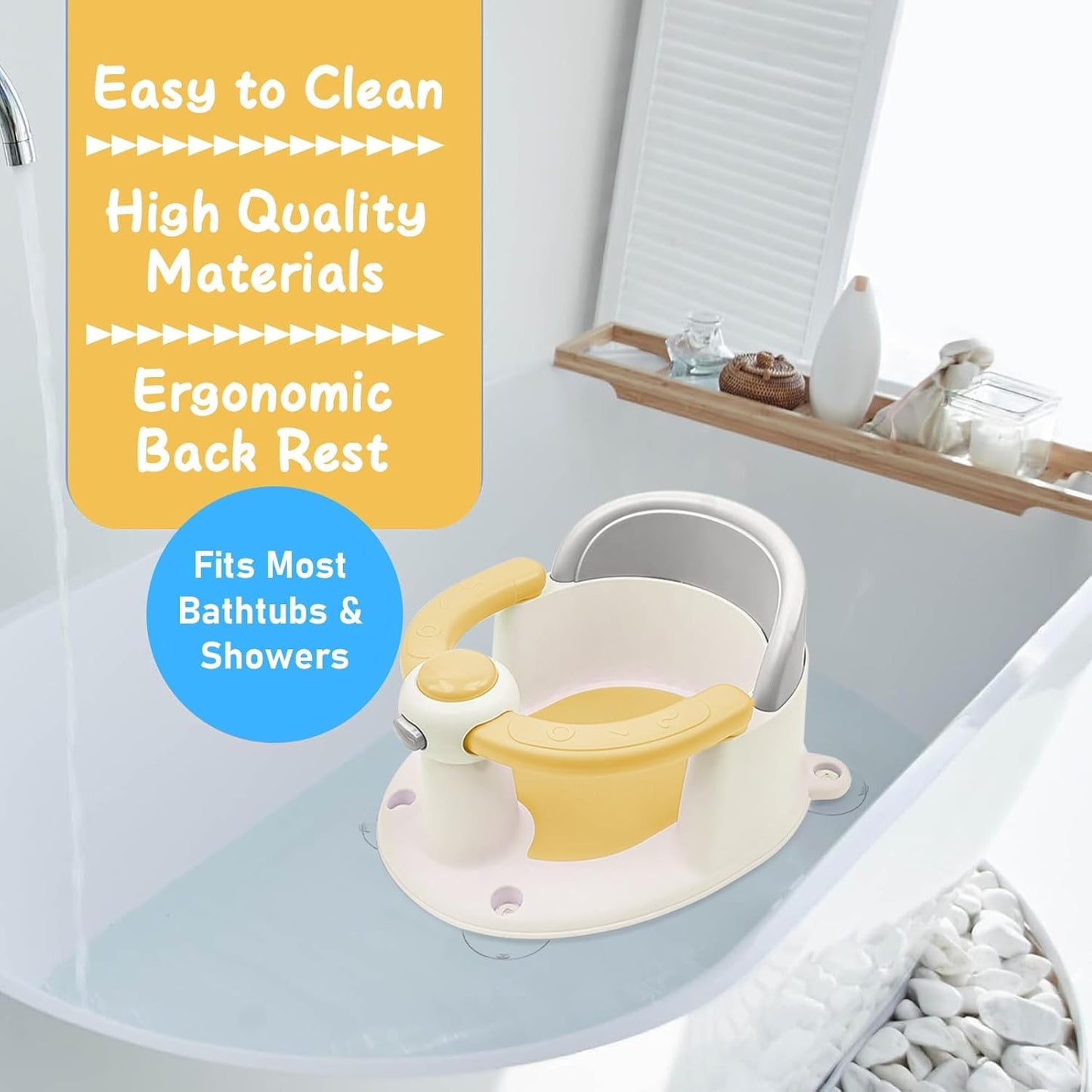 Baby Bath Seat for Babies from 6 Months, Non-Slip Baby Bath Chair, Portable Bath Seat with Suction Cups, Baby Bathtub Toddler Bath Support for Shower (Yellow)