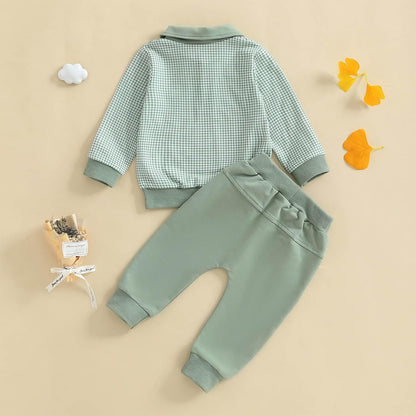 Kleinkind Baby Jungen Kleidung Outfits Langarm Turn-Down Kragen Plain / Checked Sweatshirt und Hose 2 Stück Herbst Winter Trainingsanzug Set