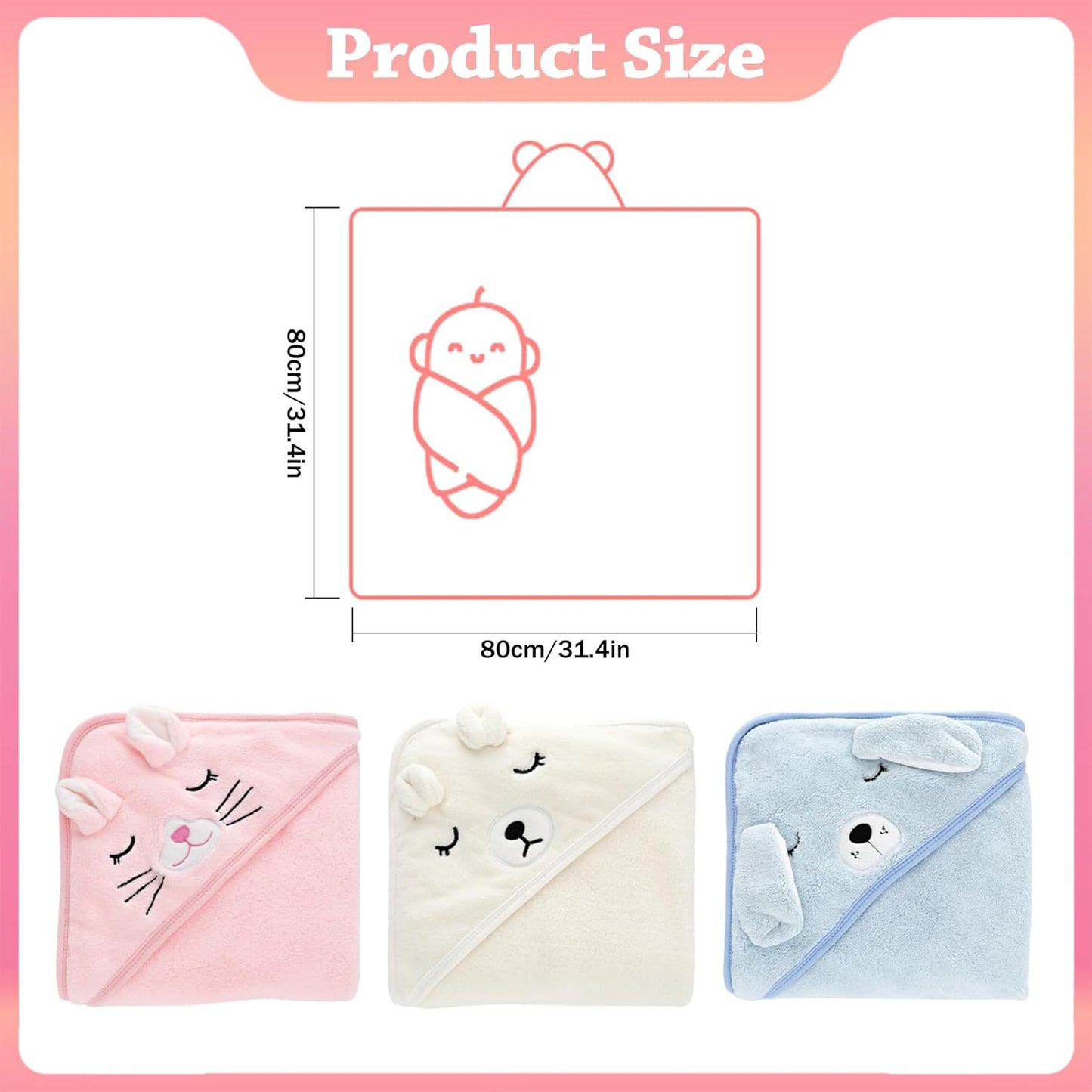 Mailfull 3 Pack Baby Towel with Hood 80 x 80 cm Baby Bath Towel Hooded Towel Baby Cute Hooded Towels with Pattern for Babies Newborns Unisex 0-6 Years 