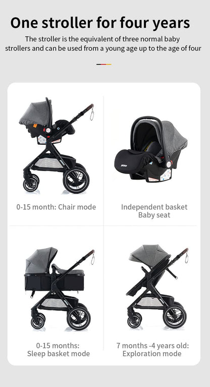 YAZOCO Kompakter 3 in 1Kinderwagen Anstout Terrain Luxus Hohe Landschaft Vierfacher Kinderwagen 0-36kg Faltbarer Gehstock Baby Kinderwagen Komfort Autositz Zubehör (Schwarz)