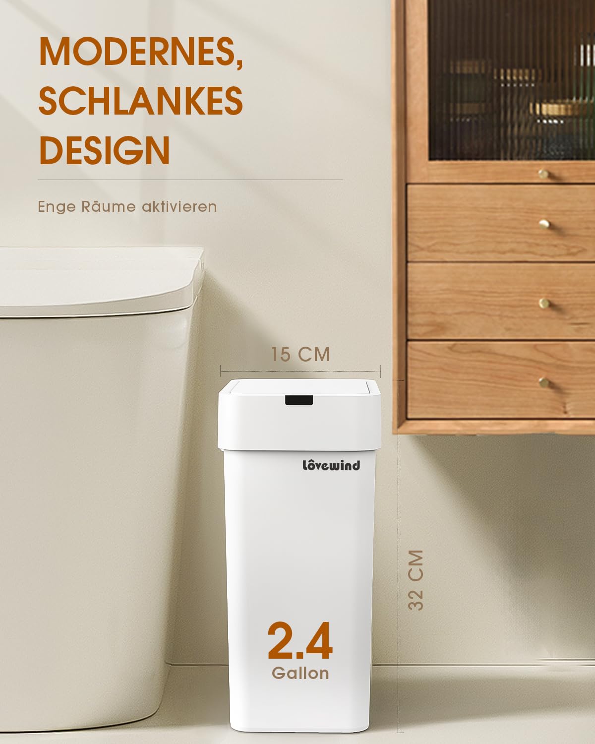 lovewind Mülleimer Bad, 9L badezimmer Mülleimer mit Deckel, Schmaler Sensor-Mülleimer, Wasserdicht Kosmetikeimer, Weiß, für Schlafzimmer, Badezimmer, Küche, Büro