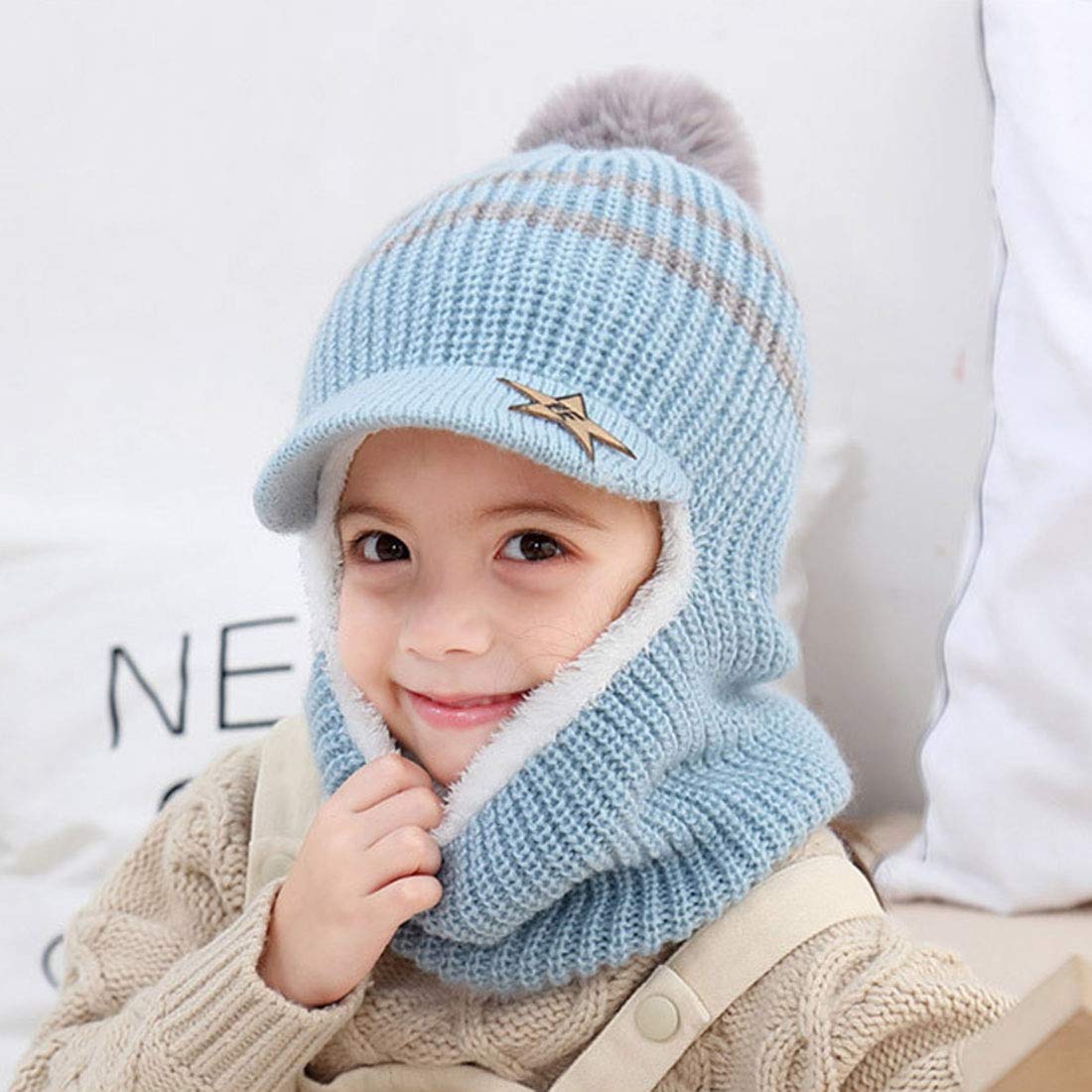 YONKOUNY Kinder Wintermütze Jungen Mädchen Warm Niedlich Strickmütze Schalmütze Schlupfmütze Beanie Mütze mit Fleecefutter