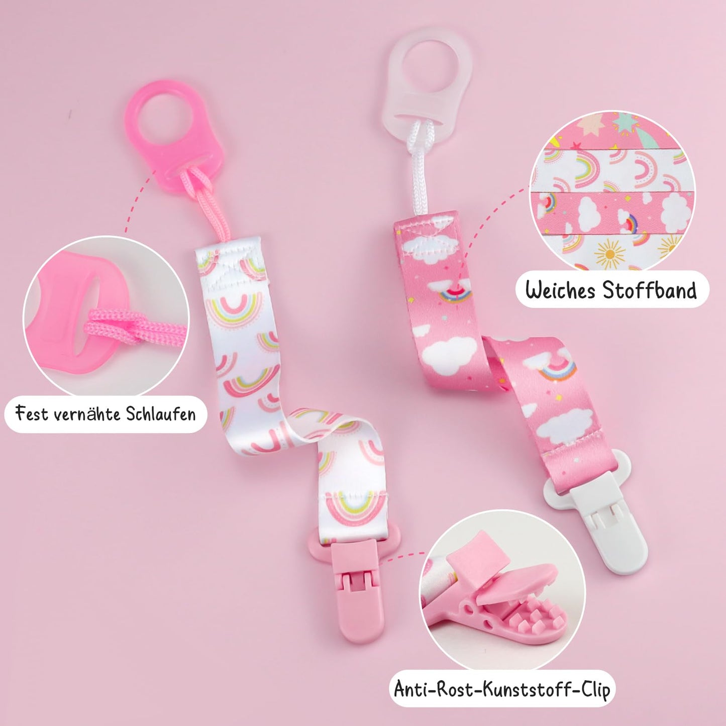 Suofuolef 4 Pack Schnullerkette Baby Mädchen, Baby Schnullerband Set mit Adaptern, Schnuller Clips für Neugeborenen Geburt & Taufe Geschenk, Rose