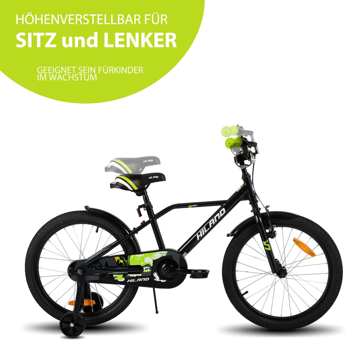Hiland 12/14/16/20 Zoll Kinderfahrrad, Jungen Fahrrad für 3-10 Jahre, mit Stützrädern, Kinderfahrrad mit Handbremse und Rücktrittbremse, Schwarz/Grün/Blau/Orange - Meloni2