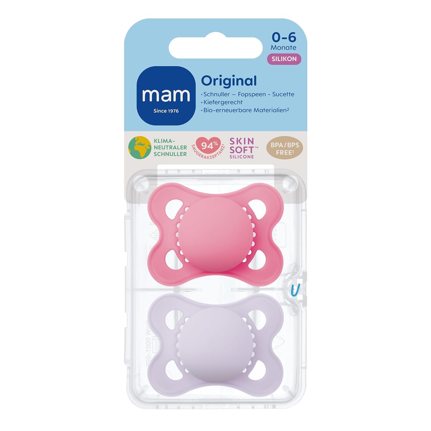 MAM Original Schnuller im 2er-Set, zahnfreundlicher Baby Schnuller aus nachhaltigen & bio-erneuerbaren Materialien, Sauger aus MAM SkinSoft Silikon, mit Schnullerbox, 0-6 Monate, Hase/Reh - Meloni2