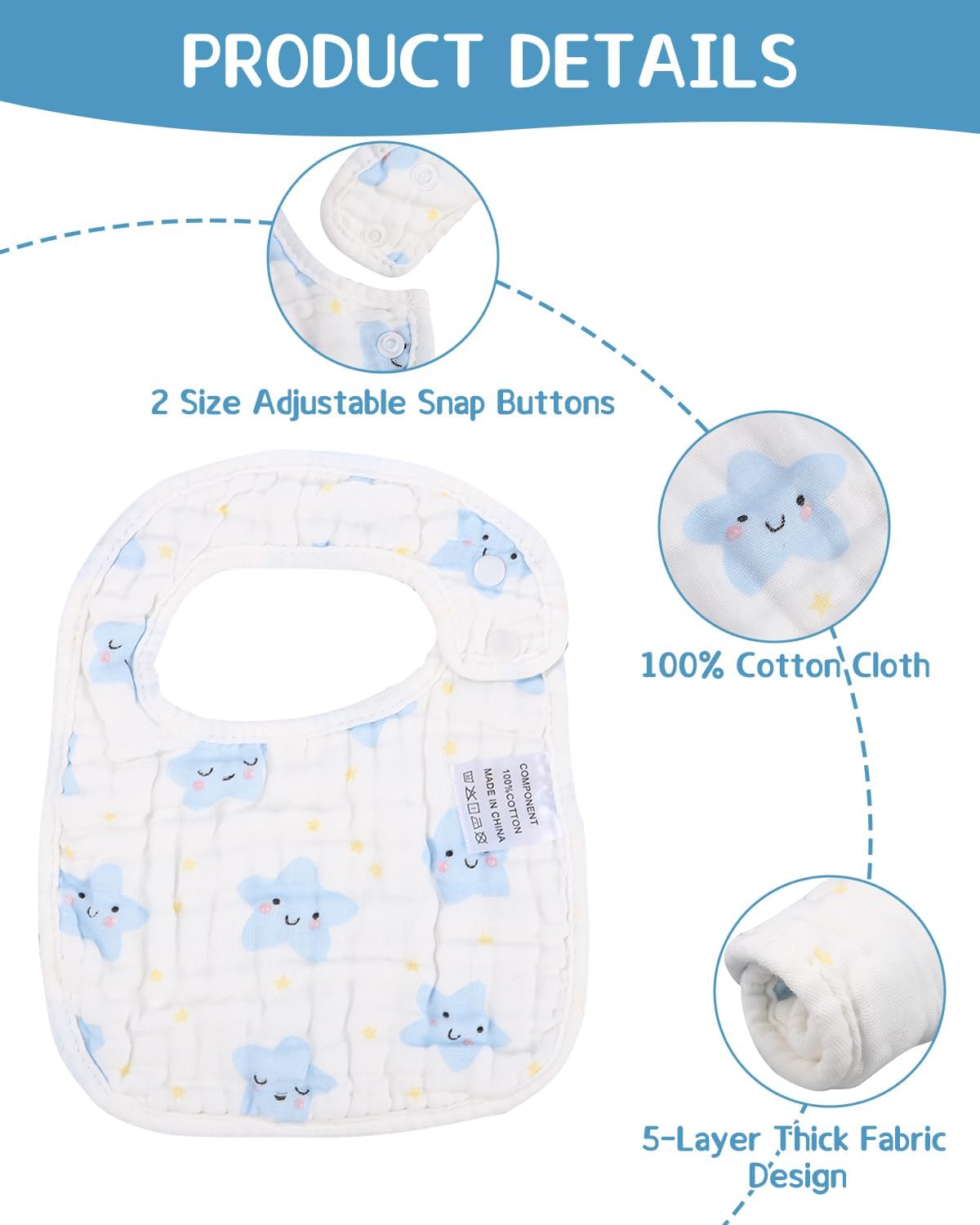 Toaren Baby Bibs, 7-Pack Cotton Baby Bibs, Unisex Baby Bibs with Snap Fastener, Large Bibs with Absorbent and Soft, Drool Bibs for Baby Boys and Girls for Toddlers 0 to 36 Months 
