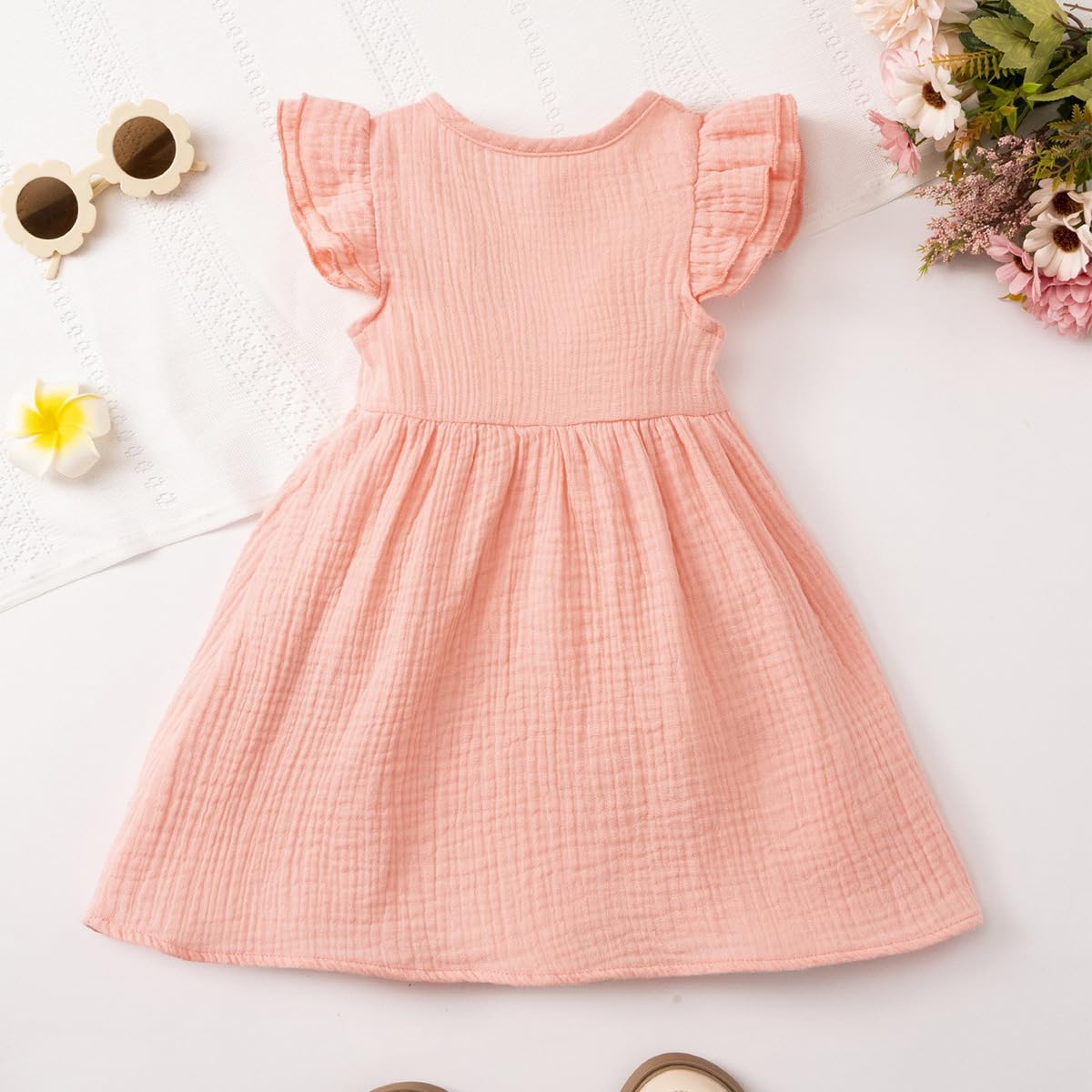 Kleinkinder Mädchen Sommerkleid Rüschenärmel Rundhalsausschnitt Knopfleiste Kleid lässiges Herbst A-Linien Party Kinderkleider 2-6 Jahre