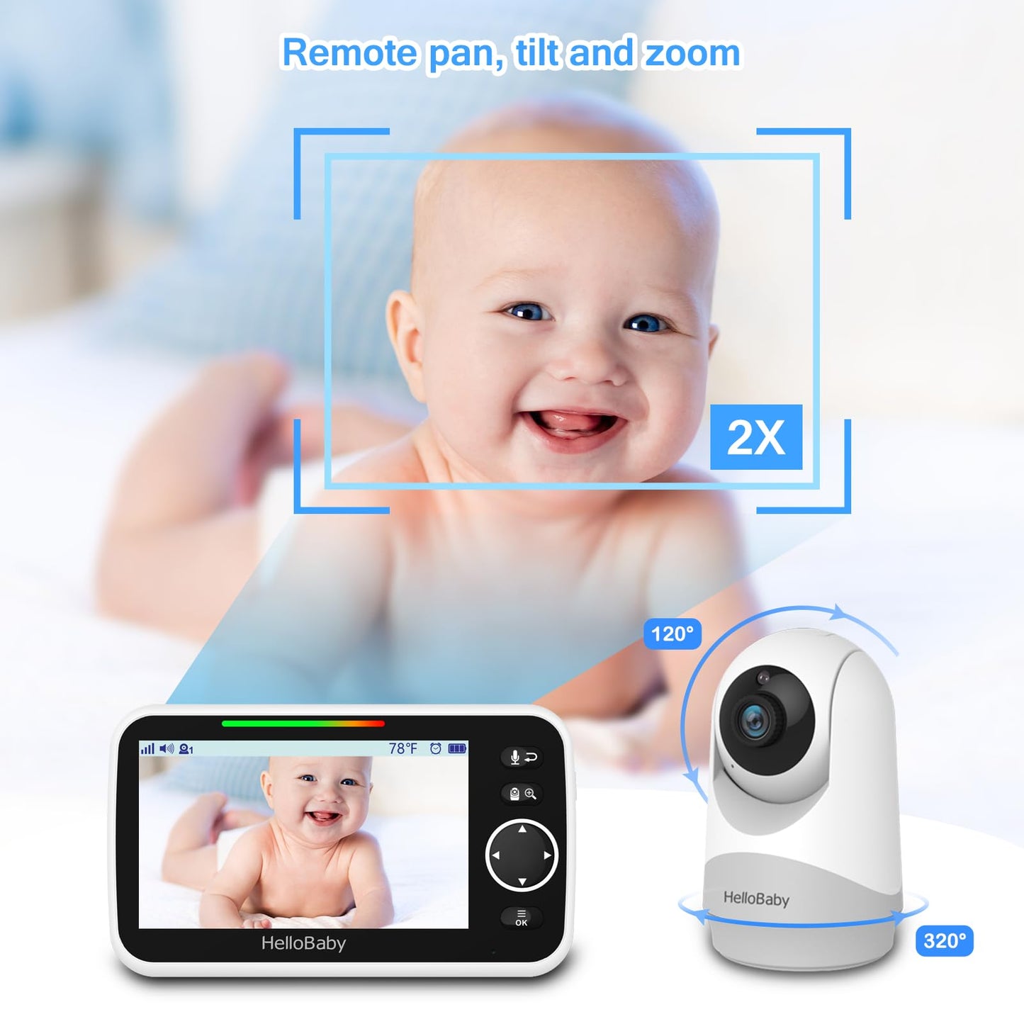 HelloBaby 6-Zoll Video-Babyphone, Großes Display mit Kamera und Audio, 4000-mAh-Batterie und ECO-Modus, Nachtsicht, Kein WiFi, Zwei-Wege-Kommunikation und 8 Schlaflieder, Fernbedienbare PTZ-Kamera