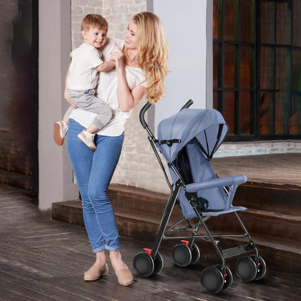 Buggy für Babys, ultraleicht, kompakt, faltbar und neigbar, von Geburt bis 25 kg, mit Trolley-System, Regenschutz inklusive, ausziehbarer Haube, C-schwarz