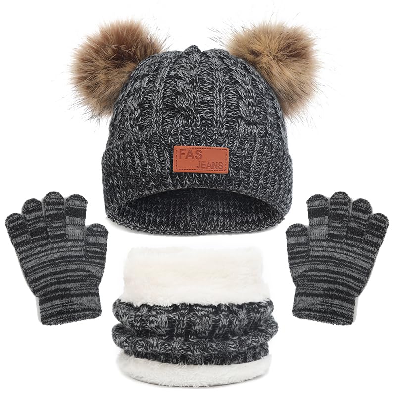 LINSOCLE 3-in-1 Children's Winter Hat Scarf Gloves Set, Knitted Hat Baby Hat Children's Hat Set, Boys Warm Winter Hat Beanie Hat Gloves Round Scarf Set for Children 2-6 Years 