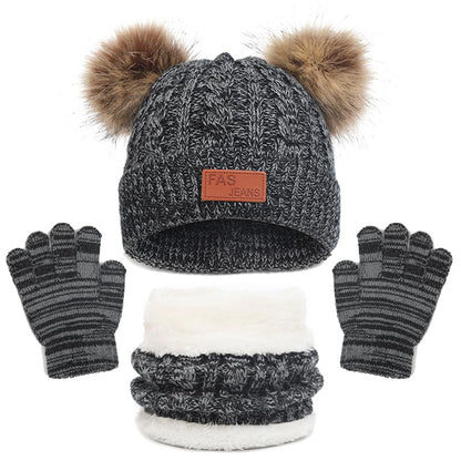 LINSOCLE 3-in-1 Children's Winter Hat Scarf Gloves Set, Knitted Hat Baby Hat Children's Hat Set, Boys Warm Winter Hat Beanie Hat Gloves Round Scarf Set for Children 2-6 Years 