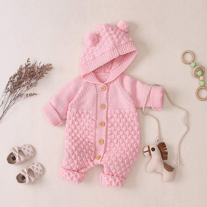 OBEEII Newborn Baby Knitted Romper Jumpsuit with Hood Ear Onesies Pullover Winter Warmer Onesie Bodysuit for Boys Girls
