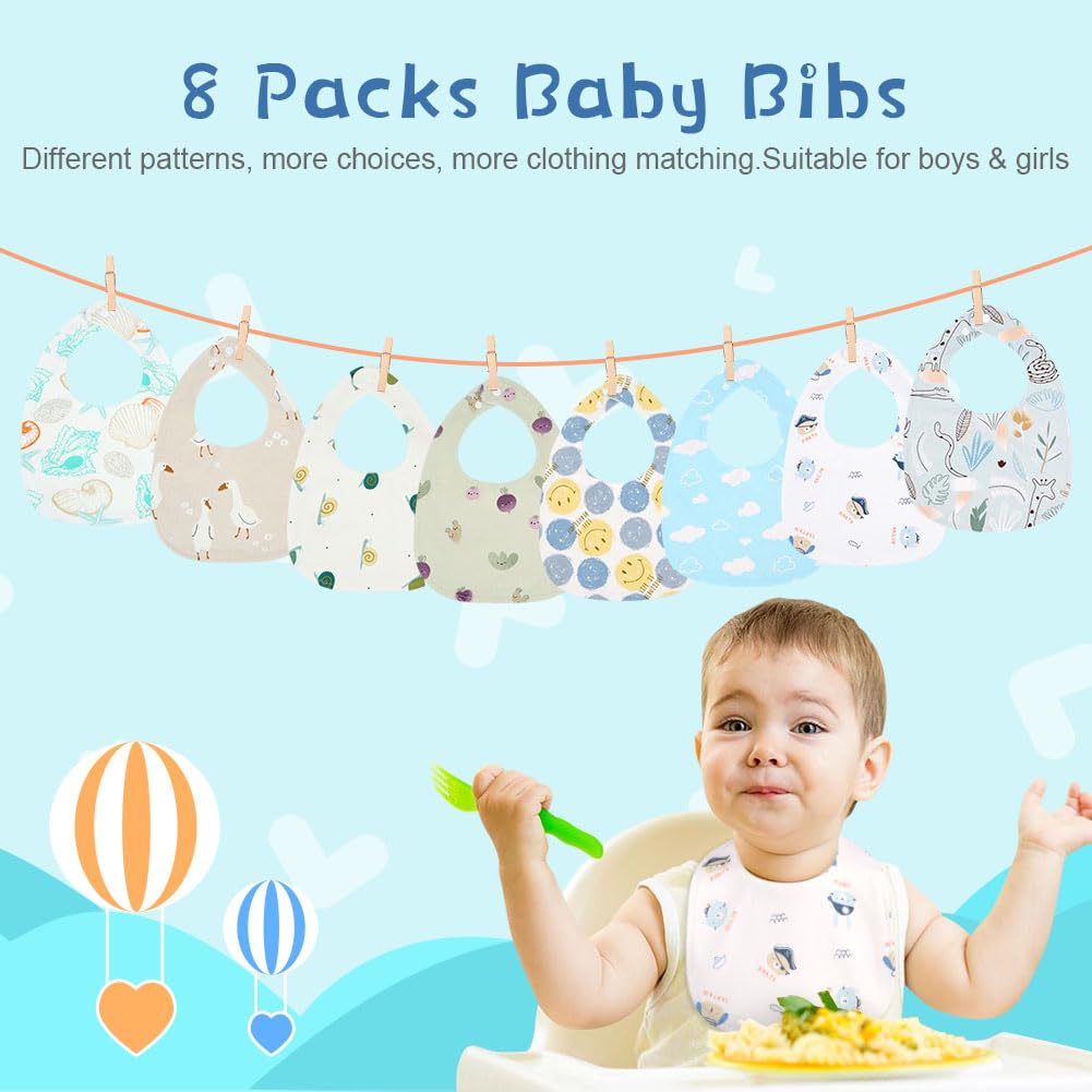 Vicloon Baby Bibs, 8 Pack Soft Absorbent and Waterproof Bibs Dribble Bibs Burp Cloths Baby with Snap Fastener for Baby Boys and Girls Toddlers 