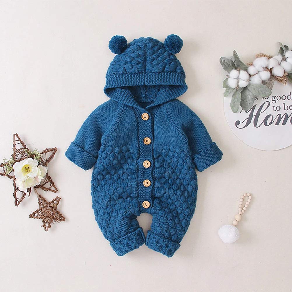OBEEII Newborn Baby Knitted Romper Jumpsuit with Hood Ear Onesies Pullover Winter Warmer Onesie Bodysuit for Boys Girls
