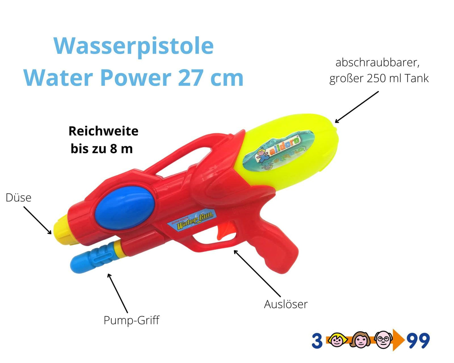 alldoro 60103 Water Power Wasserpistole ca. 27 cm, Reichweite bis zu 8 Meter, Wasserkanone mit 240 ml Wassertank, für Kinder ab 3 Jahren