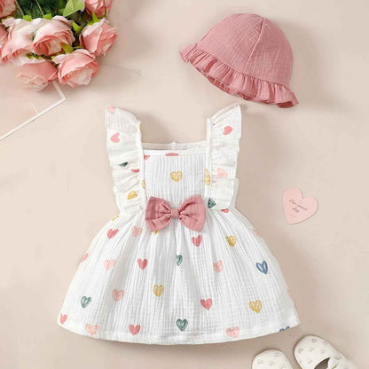 Kleinkind Baby Mädchen Sommer Kleid Outfit Rüschenärmel Herz/Blumenmuster Boho Kleider Niedliches Baby Sommerkleid mit Hut