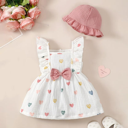 Kleinkind Baby Mädchen Sommer Kleid Outfit Rüschenärmel Herz/Blumenmuster Boho Kleider Niedliches Baby Sommerkleid mit Hut