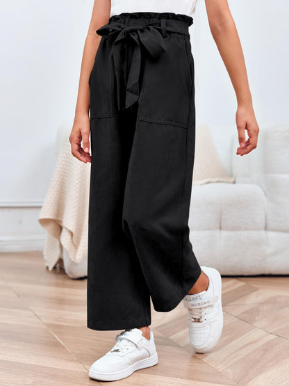 Haloumoning Mädchen Weite Hose Palazzo Hohe Taille Mode Bootcut Elastische Paperbag Freizeithose mit Gürtel