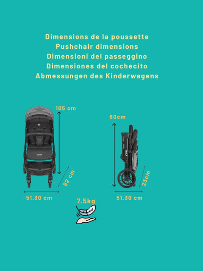 Nania Myla, kompakter Buggy, Kinderwagen 0 bis 4 Jahre (22 kg max), leicht (7,5 kg), Stadtwagen, mit einer Hand in Liegeposition neigbar, großer Aufbewahrungskorb, mit Transporttrolley