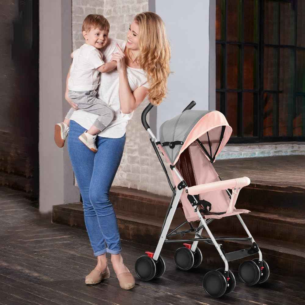 Buggy für Babys, ultraleicht, kompakt, faltbar und neigbar, von Geburt bis 25 kg, mit Trolley-System, Regenschutz inklusive, ausziehbarer Haube, C-schwarz
