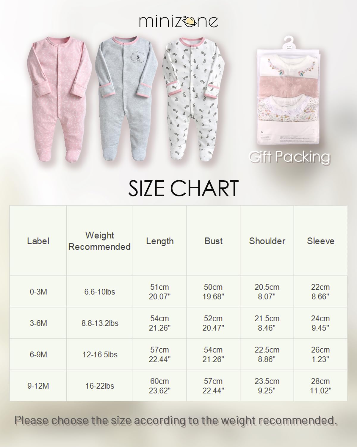 Minizone Baby Schlafstrampler 3er Pack, Pyjamas Langarm Strampler Jungen Mädchen Geschenk 9-12 Monate