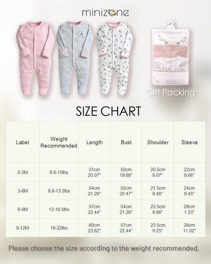 Minizone Baby Schlafstrampler 3er Pack, Pyjamas Langarm Strampler Jungen Mädchen Geschenk 9-12 Monate