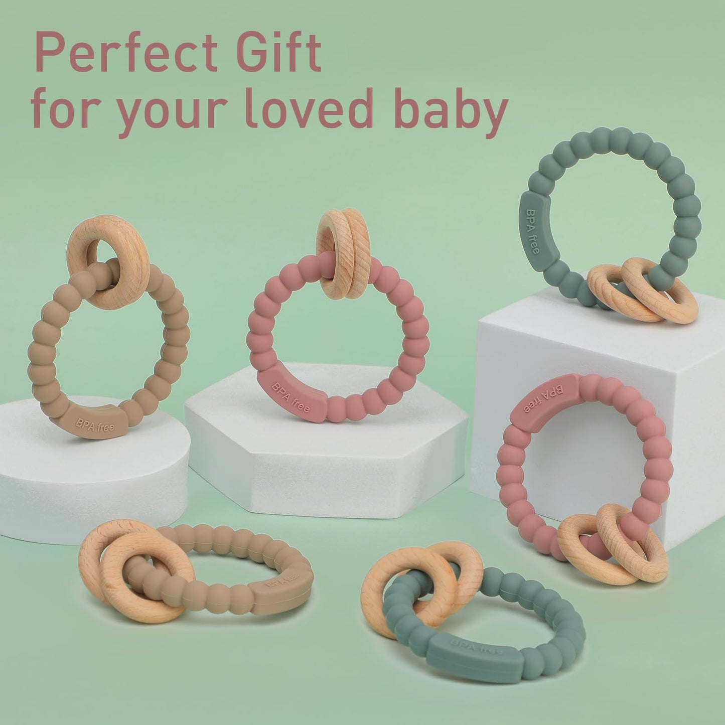 meanus Beißringe für Babys, Beißring Spielzeug aus Silikon und Buche, BPA-frei (Ether)
