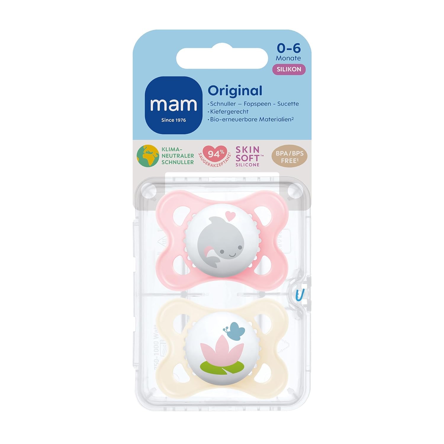 MAM Original Schnuller im 2er-Set, zahnfreundlicher Baby aus nachhaltigen & bio-erneuerbaren Materialien, Sauger aus SkinSoft Silikon, mit Schnullerbox, 0-6 Monate, Fisch/Seerose - Meloni2