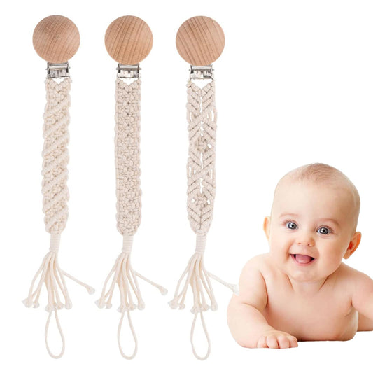 IOSPKKIO® 3 Stück Schnullerclip für Jungen und Mädchen, Schnullerhalter, mit Holzklammern, Handgefertigt, Geflochtene Baumwolle, Babyparty, Geburtstagsgeschenk(Beige)