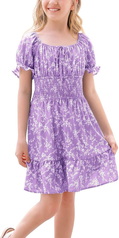 Haloumoning Girls Dresses Short Sleeve Summer Dress Kids Puffy Sleeve Floral Dress Square Neck A-Line Casual Dress Casual Party Wedding Festive Dress 