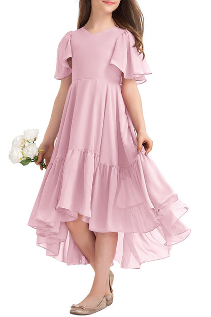 Haloumoning Mädchen Sommerkleid V-Ausschnitt Rüschenkleider Casual A Line Kleid Flowy Hoch Niedrig Lang Partykleid Elegant Langes Abendkleid