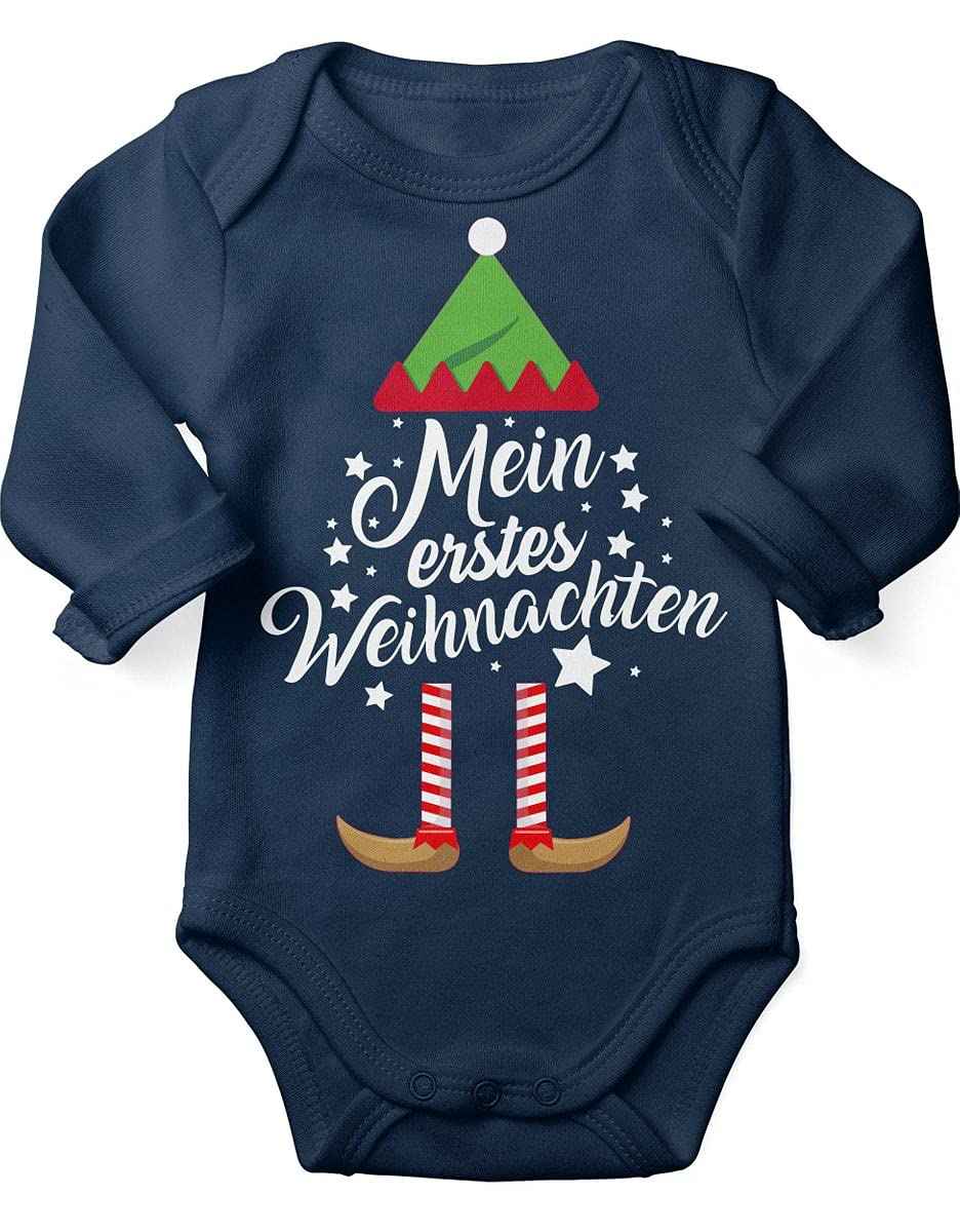 Mikalino Baby Bodysuit with Saying in German for Boys, Girls, Unisex, Long Sleeve, Mein erstes Weihnachten Saying (Christmas Elf), Hand Printed in Germany, Handmade with Love