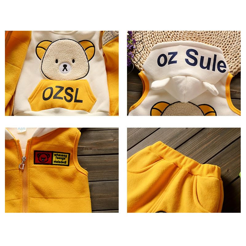 Odziezet Toddler Warm Outfit Children's Hooded Sleeveless Vest Suit Baby Winter Three Piece Outfits Child Long Sleeve Sweatshirt Trousers Sets Babies Cartoon Bear Clothing 0-4 Years