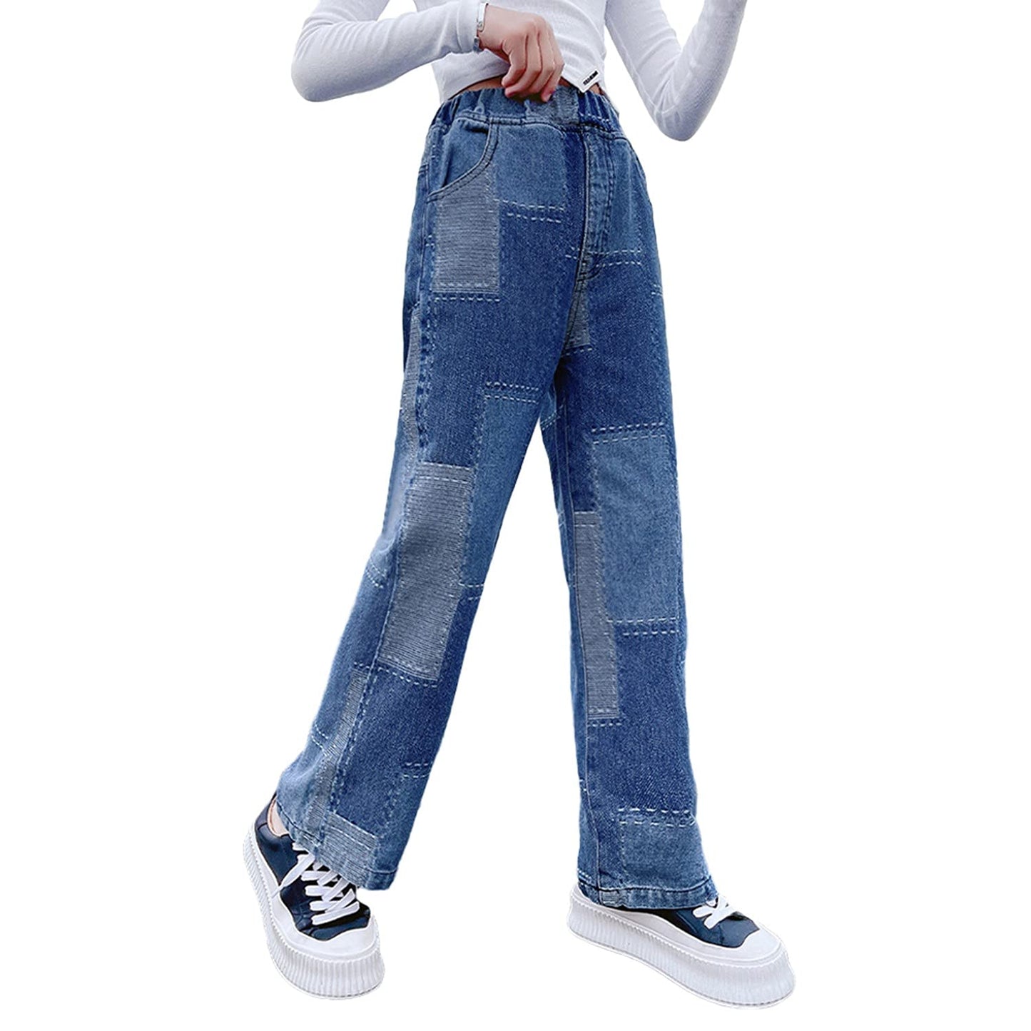 Rolanko Girls' Jeans Trousers with Hole, Denim Blue Jeans, Vintage Trousers With Wide Leg for Children