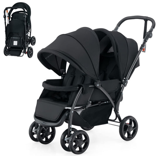 COSTWAY Folding Double Pushchair, Twin Pushchair with Adjustable Backrest and Hood, Travel Buggy with Reclining Function, Twin Buggy Pushchair for Baby from 6 Months, 30 kg Load Capacity (Grey)