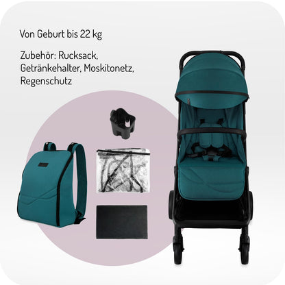 MoMi Kinderwagen ANDREA mit automatischem Faltsystem, bis 22 kg Körpergewicht, 5-Punkt-Sicherheitsgurt, Getränkehalter, Einkaufskorb, Tasche, Insekten- und Regenschutz, mit Zwillingsfunktion