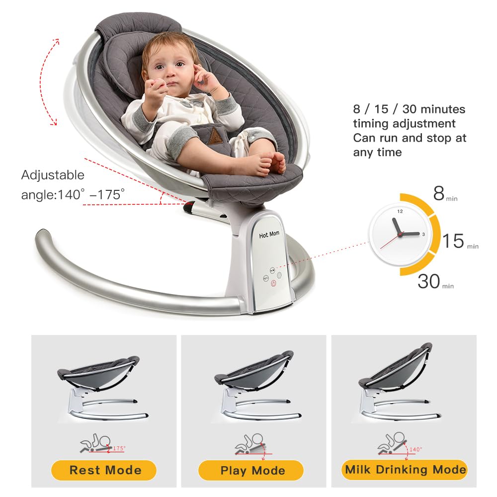 Hot Mom Cotton Baby Rocker, Baby Cradle with 5 Vibration Amplitudes, Bluetooth Music, Lightweight Baby Rocking Chair with Smoother Rocking Movement, Dark Grey