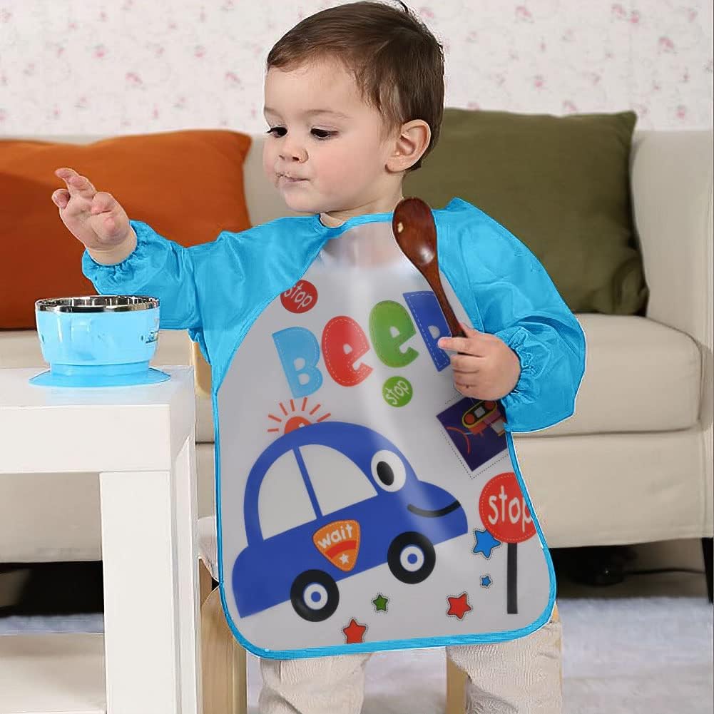 Vicloon Waterproof Baby Bibs, 5pcs Baby Bibs with Long Sleeves, Sleeved Bibs, Unisex Bib Set for Eating, Arts, Crafts, Painting, Playing (Pink, Blue, Green, Yellow) 
