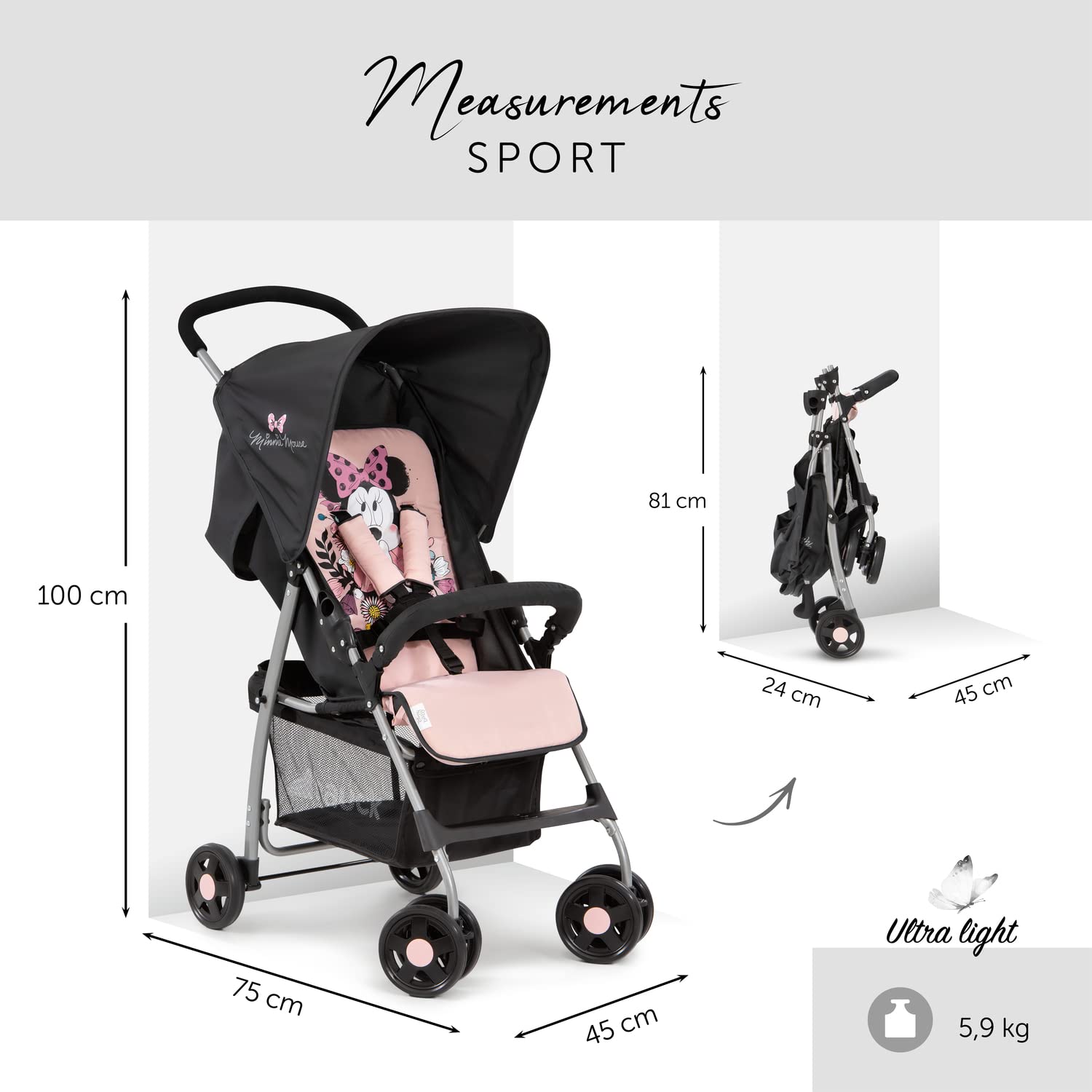 Hauck Lightweight Stroller up to 18 kg with reclining function from birth, small foldaway, sun canopy, large basket - Meloni2