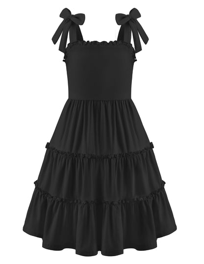 Arshiner Mädchen Kleider Fliege Trägerkleid Kinder Baumwolle Sommerkleid Ärmelloses A-Linie Swingkleid Schulterfrei Elegant Freizeitkleid für Mädchen 5-15 Jahre