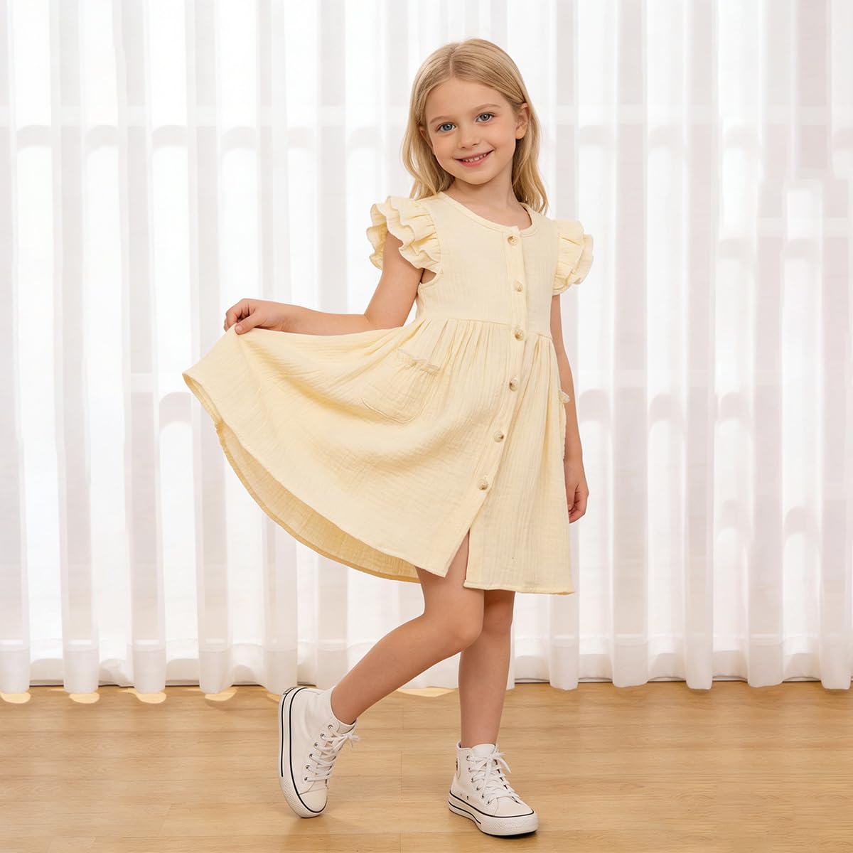 Kleinkinder Mädchen Sommerkleid Rüschenärmel Rundhalsausschnitt Knopfleiste Kleid lässiges Herbst A-Linien Party Kinderkleider 2-6 Jahre