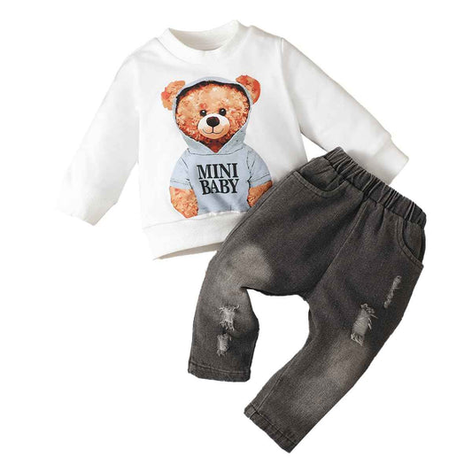 LUVCES Toddler Baby Boys Clothing Cute Animal Print Long Sleeve Sweatshirt Tops and Jeans Set Autumn Winter Baby Boy Jeans Casual 2-Piece Outfit
