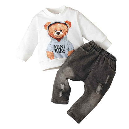 LUVCES Toddler Baby Boys Clothing Cute Animal Print Long Sleeve Sweatshirt Tops and Jeans Set Autumn Winter Baby Boy Jeans Casual 2-Piece Outfit